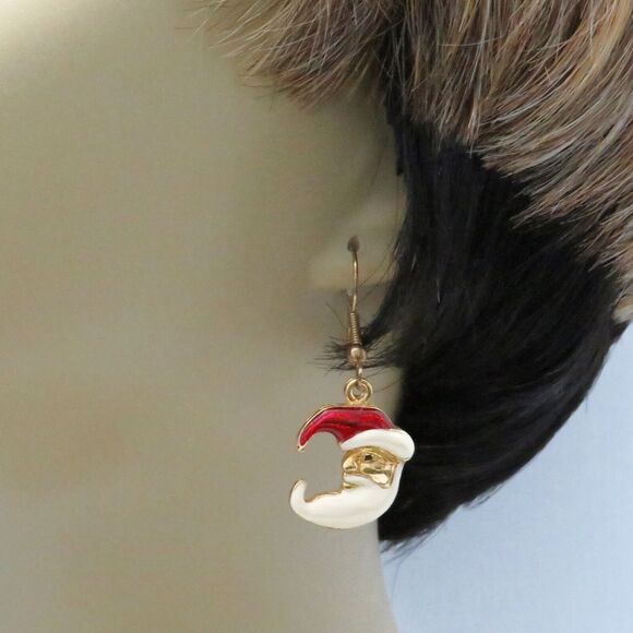 Santa Dangle Earrings With French Hooks and Gold Toned Background for Christmas - Picture 4 of 6
